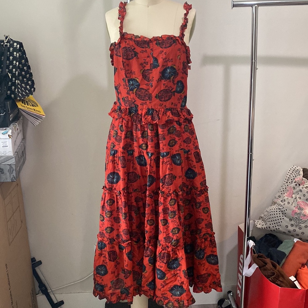 Ulla Johnson Red Floral Tiered Midi Dress with Navy Accents